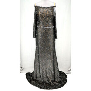 Jovani Gown Womens 14 Black Nude Lace Sequin Dress Strapless Lined Mermaid Train